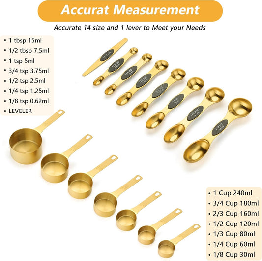15pcs Gold Magnetic Measuring Spoons and Cups Set, Stainless Steel 8 Dual Sided Magnetic Measuring Spoons set with Leveler, 7 Cups, Measurement for Liquid and Dry Ingredients for Kitchen
