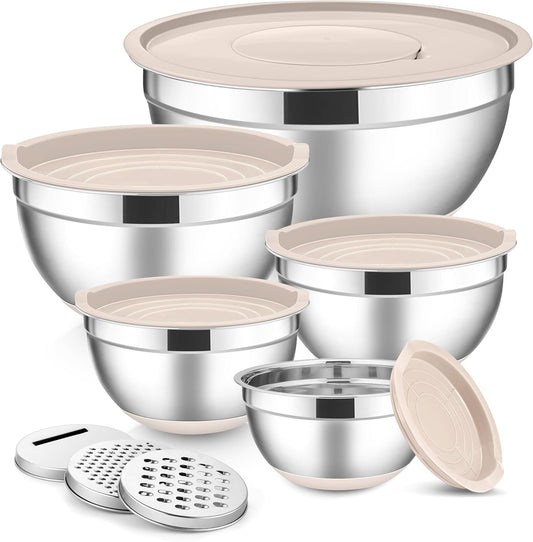 Stainless Steel Mixing Bowls with Lids Set, 5-Piece Nesting Salad Bowls with 3 Grater Attachments and Non-Slip Bottoms, Size 4.6, 2.6, 2, 1.5, 1QT for Kitchen (Khaki)
