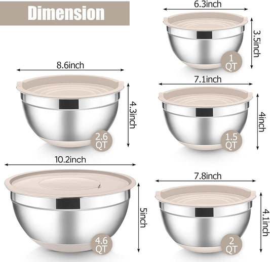 Stainless Steel Mixing Bowls with Lids Set, 5-Piece Nesting Salad Bowls with 3 Grater Attachments and Non-Slip Bottoms, Size 4.6, 2.6, 2, 1.5, 1QT for Kitchen (Khaki)