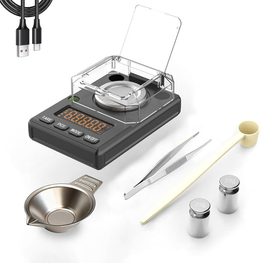 Milligram Scale 100g x 0.001g with Selectable Auto Off | MG Powder Scale, Built-in Bubble Level, 20g Calibration Weight Included, USB/Battery