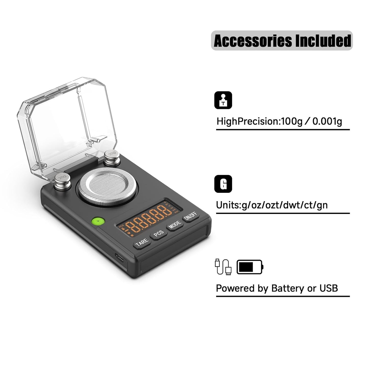 Milligram Scale 100g x 0.001g with Selectable Auto Off | MG Powder Scale, Built-in Bubble Level, 20g Calibration Weight Included, USB/Battery