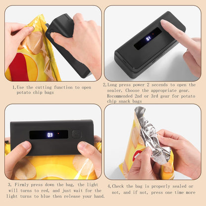 Mini Bag Sealer, 4.7" Potato Chip Bags Heat Sealer with LED Power Display & 9 Adjustable Gears, Capper Bag Reseal & Cutter, Rechargeable Sealing Machine Impulse For Snack Plastic Bag Mylar Cereal Bags