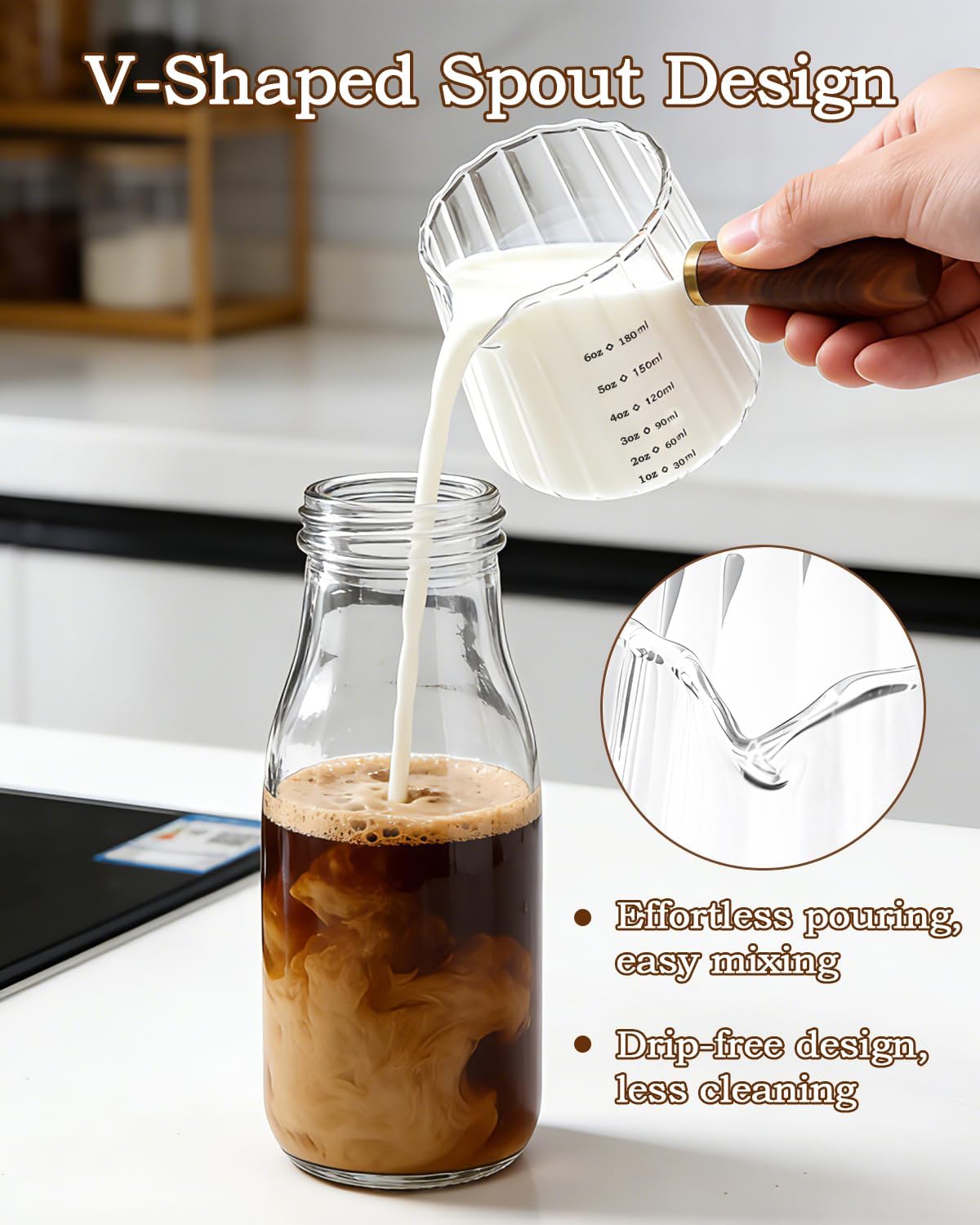 Espresso Measuring Cup, 6oz Borosilicate Glass Espresso Cups with Wood Handle (2.71in Long Grip), V-Shaped Spout Ribbed Milk Frothing Cup for Coffee, Latte, Tea, Syrup – Dishwasher Safe