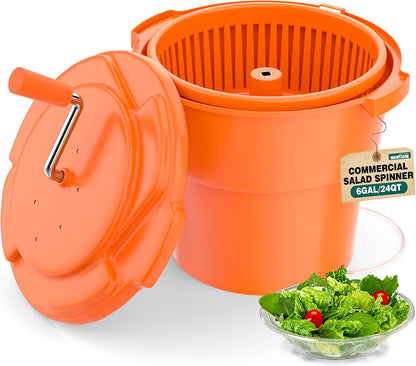 Commercial Salad Spinner - 6 Gallon Salad Dryer w/Silicone Draining Hose, Orange, 24Qt Manual Salad Spinner for up to 7 Heads of Lettuce Spinner Large for Catering