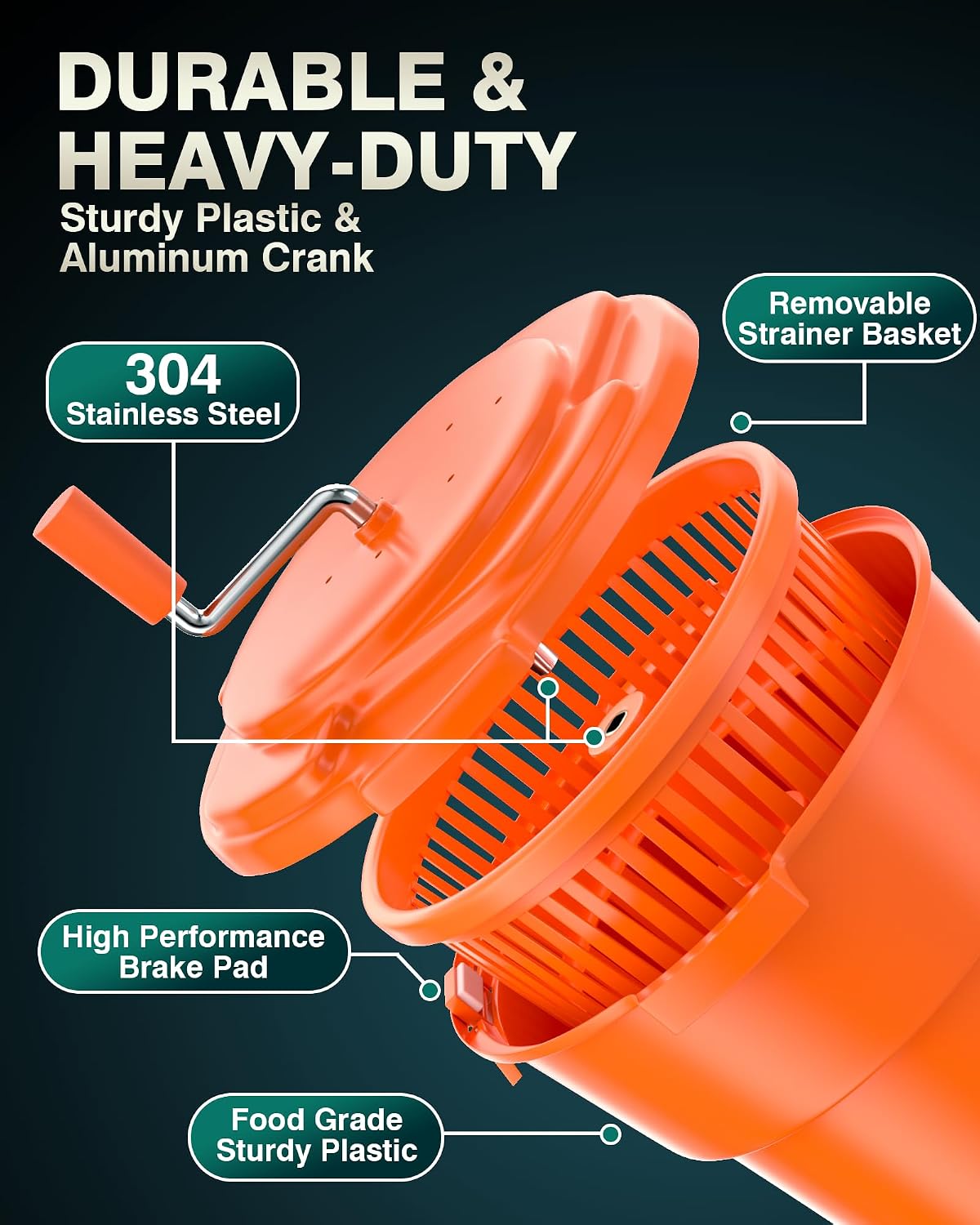 Commercial Salad Spinner - 6 Gallon Salad Dryer w/Silicone Draining Hose, Orange, 24Qt Manual Salad Spinner for up to 7 Heads of Lettuce Spinner Large for Catering