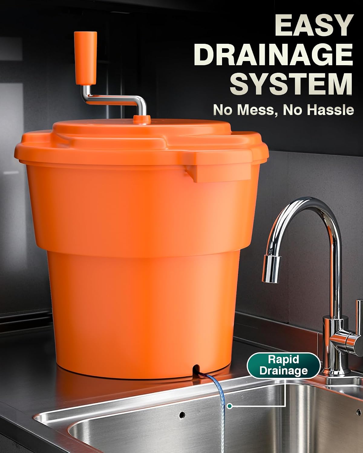 Commercial Salad Spinner - 6 Gallon Salad Dryer w/Silicone Draining Hose, Orange, 24Qt Manual Salad Spinner for up to 7 Heads of Lettuce Spinner Large for Catering