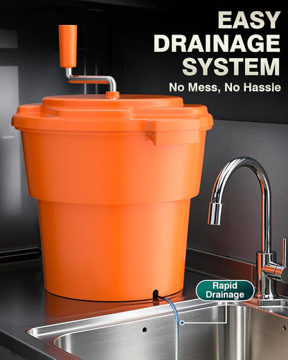 Commercial Salad Spinner - 6 Gallon Salad Dryer w/Silicone Draining Hose, Orange, 24Qt Manual Salad Spinner for up to 7 Heads of Lettuce Spinner Large for Catering