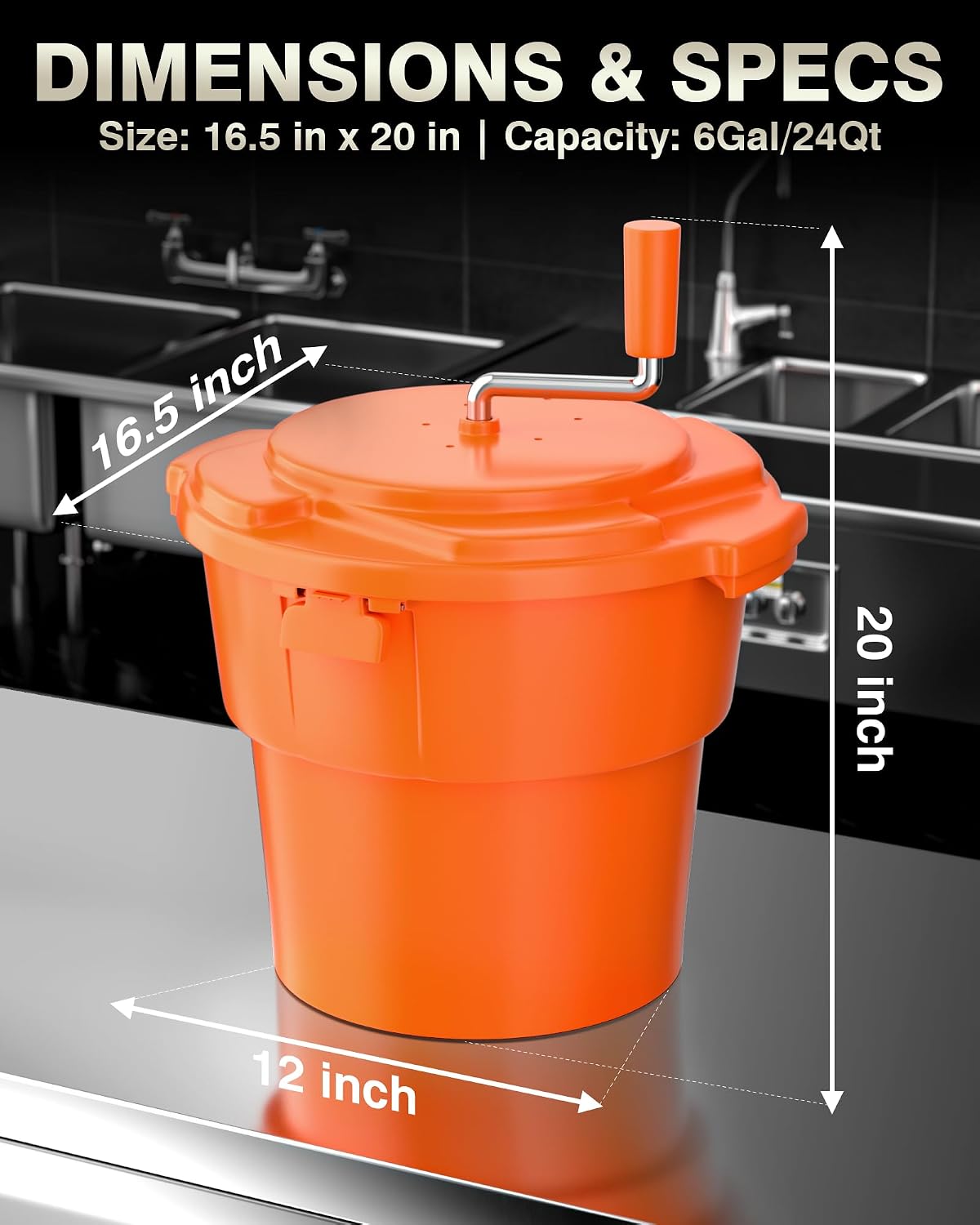 Commercial Salad Spinner - 6 Gallon Salad Dryer w/Silicone Draining Hose, Orange, 24Qt Manual Salad Spinner for up to 7 Heads of Lettuce Spinner Large for Catering