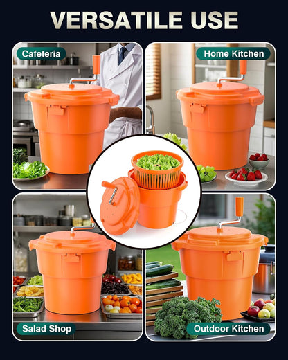 Commercial Salad Spinner - 6 Gallon Salad Dryer w/Silicone Draining Hose, Orange, 24Qt Manual Salad Spinner for up to 7 Heads of Lettuce Spinner Large for Catering