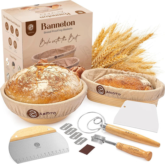 Sourdough Bread Baking Kit - 14-Piece Set with 10" Round & 11" Oval Rattan Banneton Proofing Baskets, Liners, Bread Lame, Danish Whisk & Scrapers for Home Bakers
