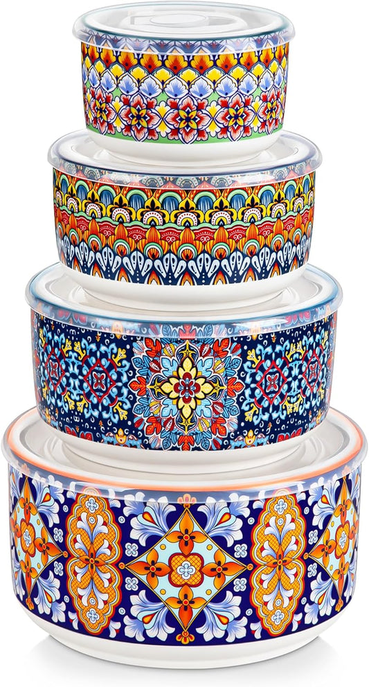 SIMI Serving Bowls with Lids, Ceramic Mixing Bowls Set of 4, Boho | Nesting Bowls for Food Storage, Prep, Stackable Bohemian Bowls, Dishwasher & Microwave Safe Gift Set, 60/36/20/10 OZ