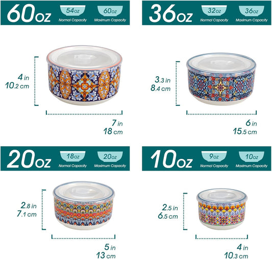 SIMI Serving Bowls with Lids, Ceramic Mixing Bowls Set of 4, Boho | Nesting Bowls for Food Storage, Prep, Stackable Bohemian Bowls, Dishwasher & Microwave Safe Gift Set, 60/36/20/10 OZ