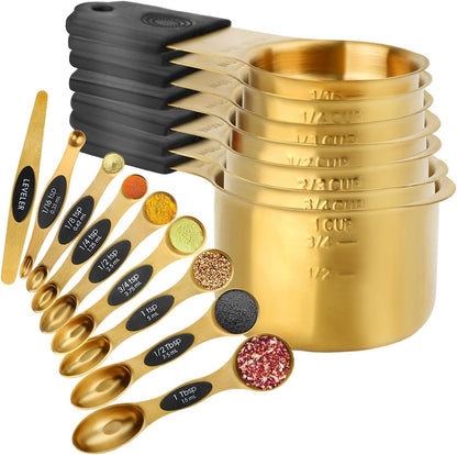 Gold Magnetic Measuring Cups & Spoons Set of 16, 7 Stainless Steel Measuring Cups, 8 Double-Sided Measuring Spoons & 1 Leveler, Premium Finish Baking Tools Kitchen Gadget for Dry & Liquid Ingredients