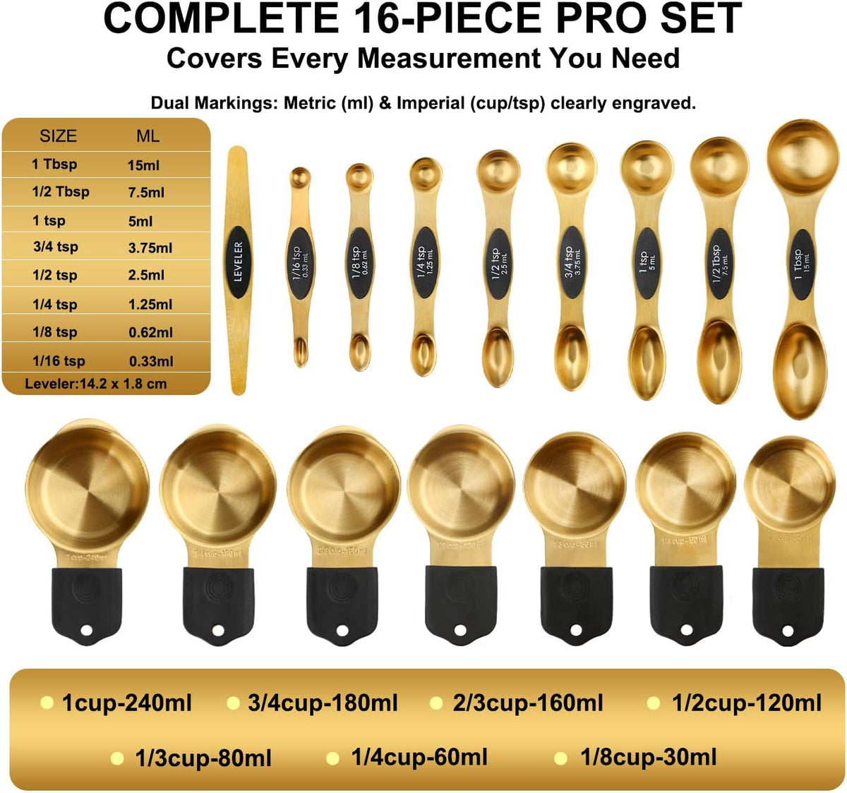 Gold Magnetic Measuring Cups & Spoons Set of 16, 7 Stainless Steel Measuring Cups, 8 Double-Sided Measuring Spoons & 1 Leveler, Premium Finish Baking Tools Kitchen Gadget for Dry & Liquid Ingredients