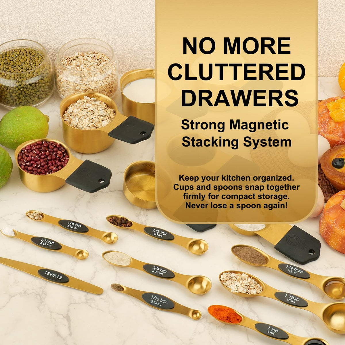 Gold Magnetic Measuring Cups & Spoons Set of 16, 7 Stainless Steel Measuring Cups, 8 Double-Sided Measuring Spoons & 1 Leveler, Premium Finish Baking Tools Kitchen Gadget for Dry & Liquid Ingredients