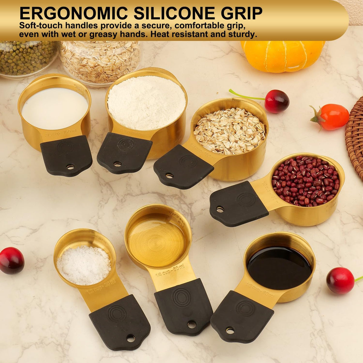 Gold Magnetic Measuring Cups & Spoons Set of 16, 7 Stainless Steel Measuring Cups, 8 Double-Sided Measuring Spoons & 1 Leveler, Premium Finish Baking Tools Kitchen Gadget for Dry & Liquid Ingredients