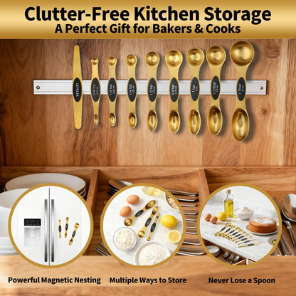 Gold Magnetic Measuring Cups & Spoons Set of 16, 7 Stainless Steel Measuring Cups, 8 Double-Sided Measuring Spoons & 1 Leveler, Premium Finish Baking Tools Kitchen Gadget for Dry & Liquid Ingredients