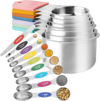 Gold Magnetic Measuring Cups & Spoons Set of 16, 7 Stainless Steel Measuring Cups, 8 Double-Sided Measuring Spoons & 1 Leveler, Premium Finish Baking Tools Kitchen Gadget for Dry & Liquid Ingredients