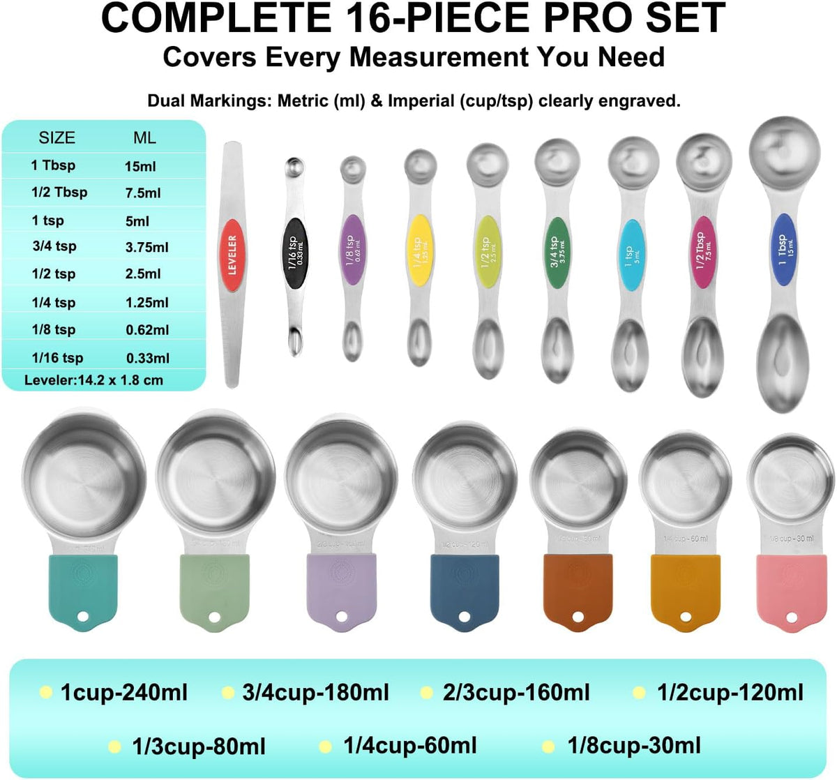 Gold Magnetic Measuring Cups & Spoons Set of 16, 7 Stainless Steel Measuring Cups, 8 Double-Sided Measuring Spoons & 1 Leveler, Premium Finish Baking Tools Kitchen Gadget for Dry & Liquid Ingredients