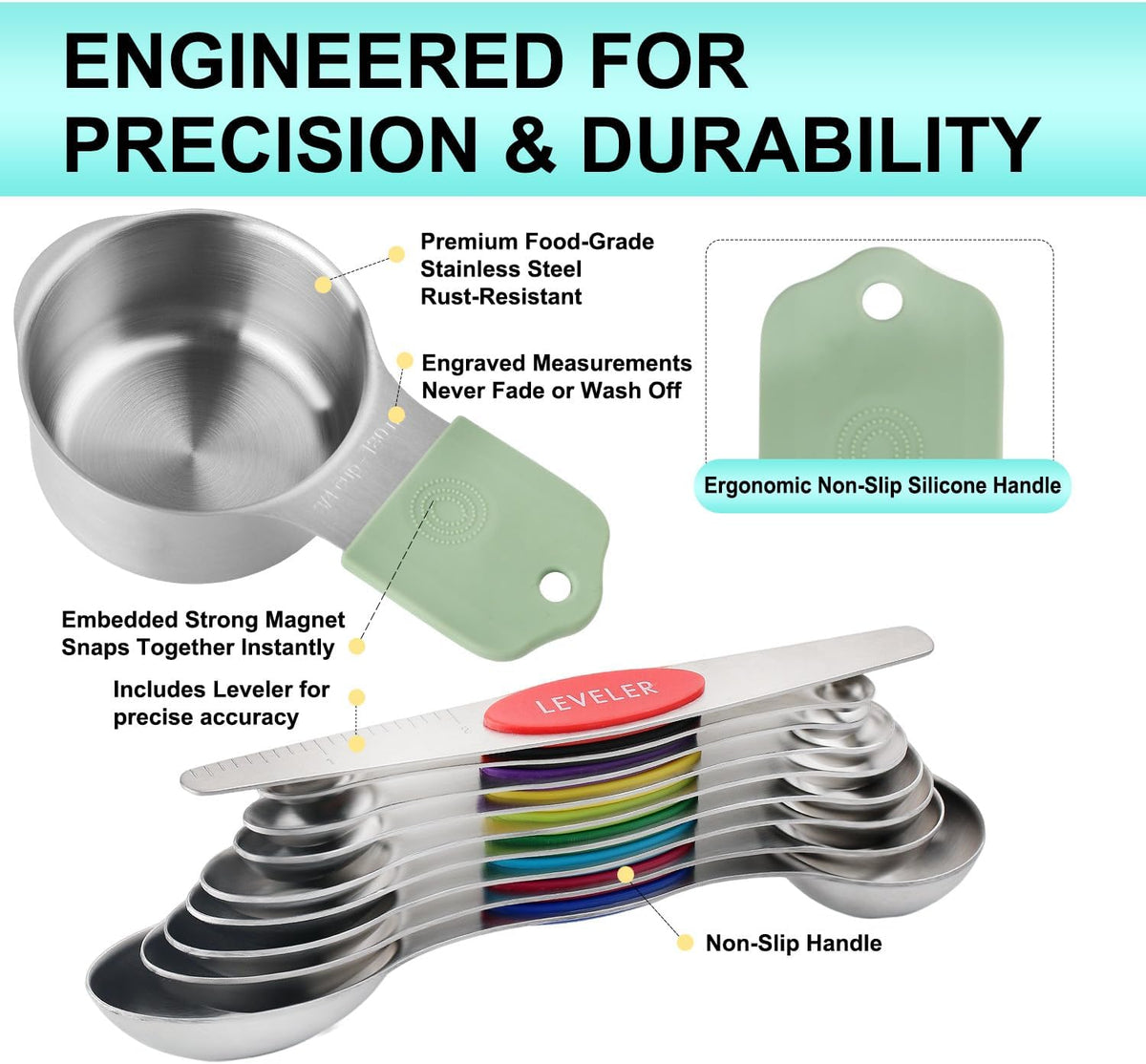 Gold Magnetic Measuring Cups & Spoons Set of 16, 7 Stainless Steel Measuring Cups, 8 Double-Sided Measuring Spoons & 1 Leveler, Premium Finish Baking Tools Kitchen Gadget for Dry & Liquid Ingredients