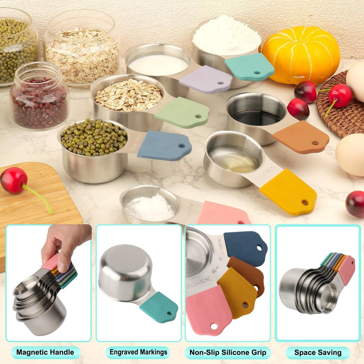 Gold Magnetic Measuring Cups & Spoons Set of 16, 7 Stainless Steel Measuring Cups, 8 Double-Sided Measuring Spoons & 1 Leveler, Premium Finish Baking Tools Kitchen Gadget for Dry & Liquid Ingredients