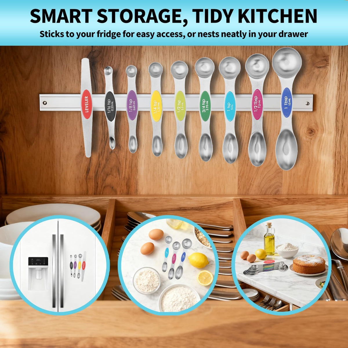 Gold Magnetic Measuring Cups & Spoons Set of 16, 7 Stainless Steel Measuring Cups, 8 Double-Sided Measuring Spoons & 1 Leveler, Premium Finish Baking Tools Kitchen Gadget for Dry & Liquid Ingredients
