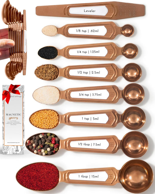 Copper Measuring Spoons Set with Leveler, 8-Piece | Double-Sided Nesting Magnetic Measuring Spoons, Stackable & Spice Jar Friendly -Stylish Copper Kitchen Accessories for Baking