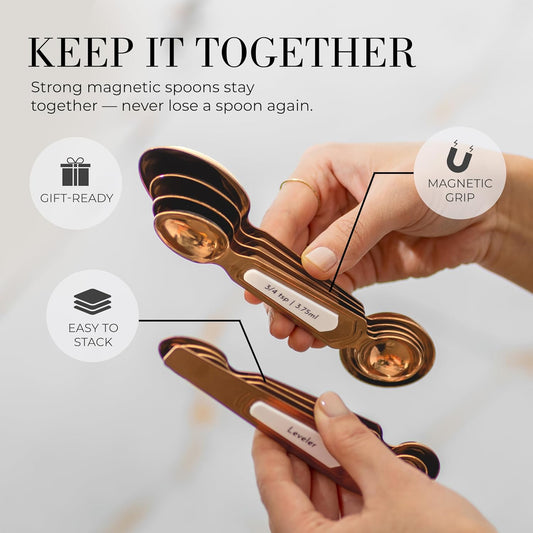 Copper Measuring Spoons Set with Leveler, 8-Piece | Double-Sided Nesting Magnetic Measuring Spoons, Stackable & Spice Jar Friendly -Stylish Copper Kitchen Accessories for Baking