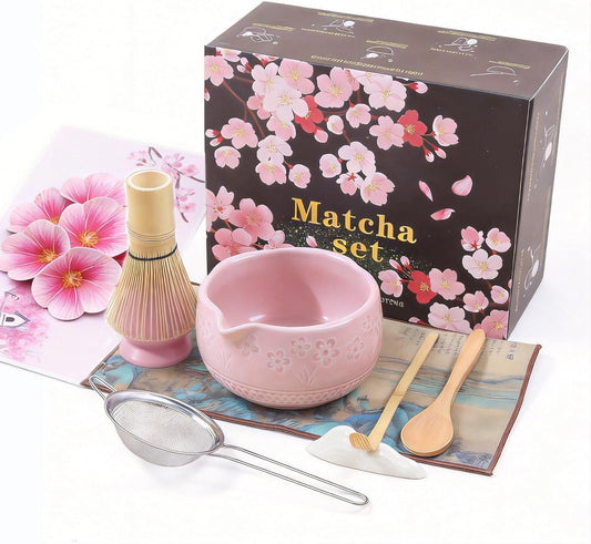 9 Pcs Matcha Set,Matcha Whisk Set,Matcha Kit,Complete Matcha Kit with Matcha Bowl,Whisk & Holder, Spoon/Scoop & Rester,Sifter & Tea Towel,Gifts for Women with Greeting Card (Cherry Blossom)