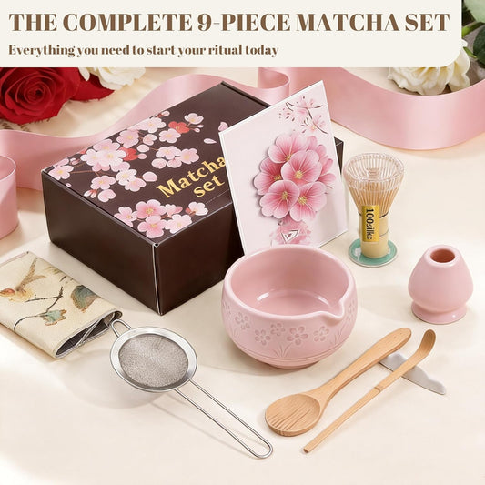 9 Pcs Matcha Set,Matcha Whisk Set,Matcha Kit,Complete Matcha Kit with Matcha Bowl,Whisk & Holder, Spoon/Scoop & Rester,Sifter & Tea Towel,Gifts for Women with Greeting Card (Cherry Blossom)