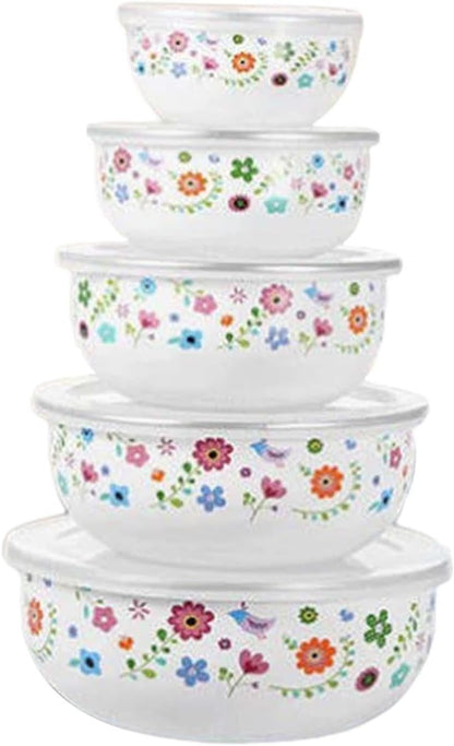 5 Pieces Mixing Bowl Set Food Prep Bowls Round Bowl Kitchen Enamel Covered Bowl with Airtight Lids for Cakes Biscuits Baking, Floral
