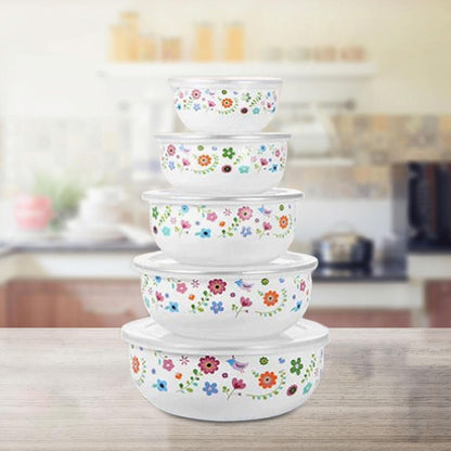 5 Pieces Mixing Bowl Set Food Prep Bowls Round Bowl Kitchen Enamel Covered Bowl with Airtight Lids for Cakes Biscuits Baking, Floral