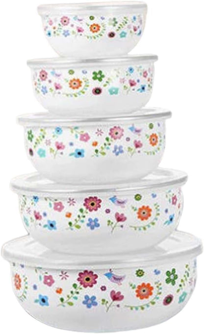 5 Pieces Mixing Bowl Set Food Prep Bowls Round Bowl Kitchen Enamel Covered Bowl with Airtight Lids for Cakes Biscuits Baking, Floral