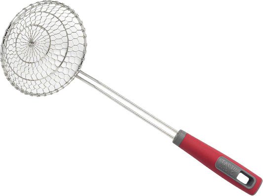 Stainless Steel Round Wire Skimmer, Comfort Grip Handle for Safe Scooping, Skimming and Serving, 5" Diameter, Red