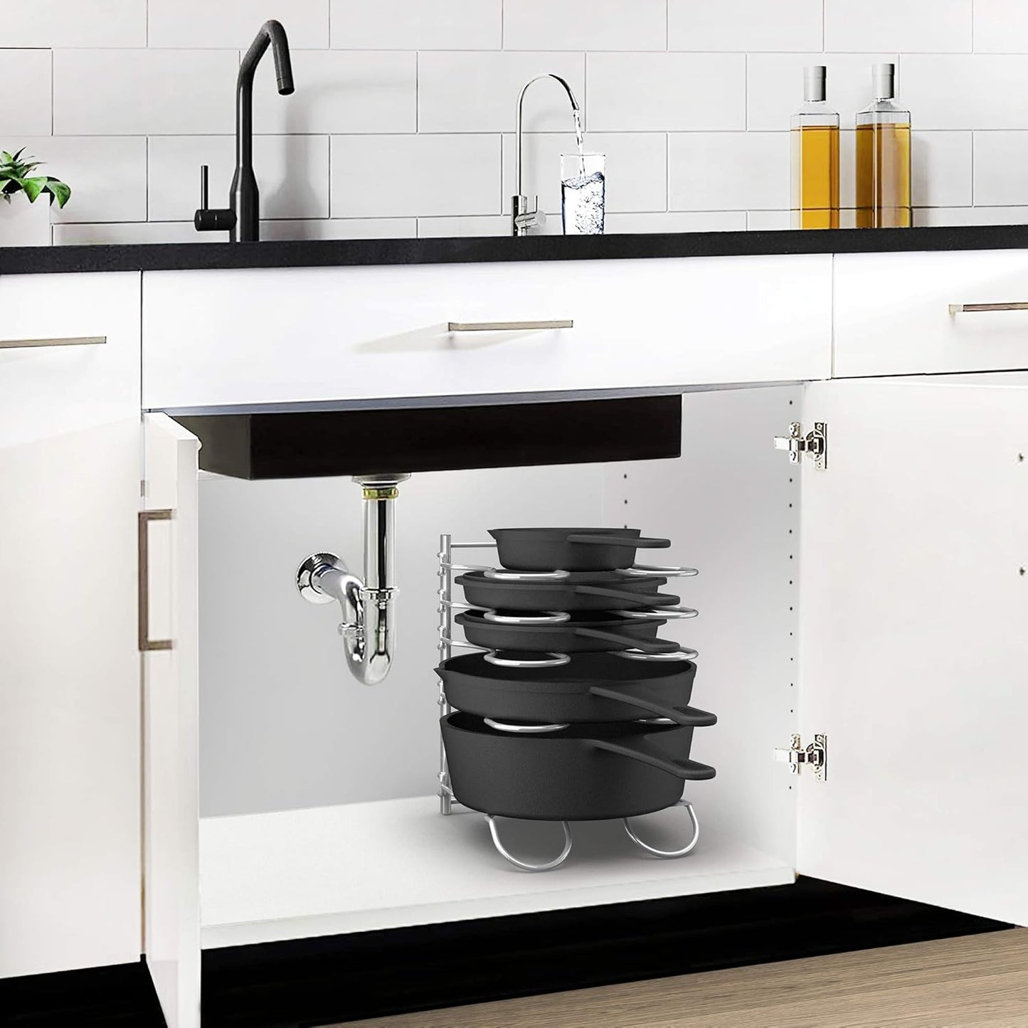CAXXA Heavy Duty Pan Rack, Pot Lid Rack, Kitchen Cabinet Pantry Cookware Organizer Rack Holder with 5 Adjustable Dividers, Chrome