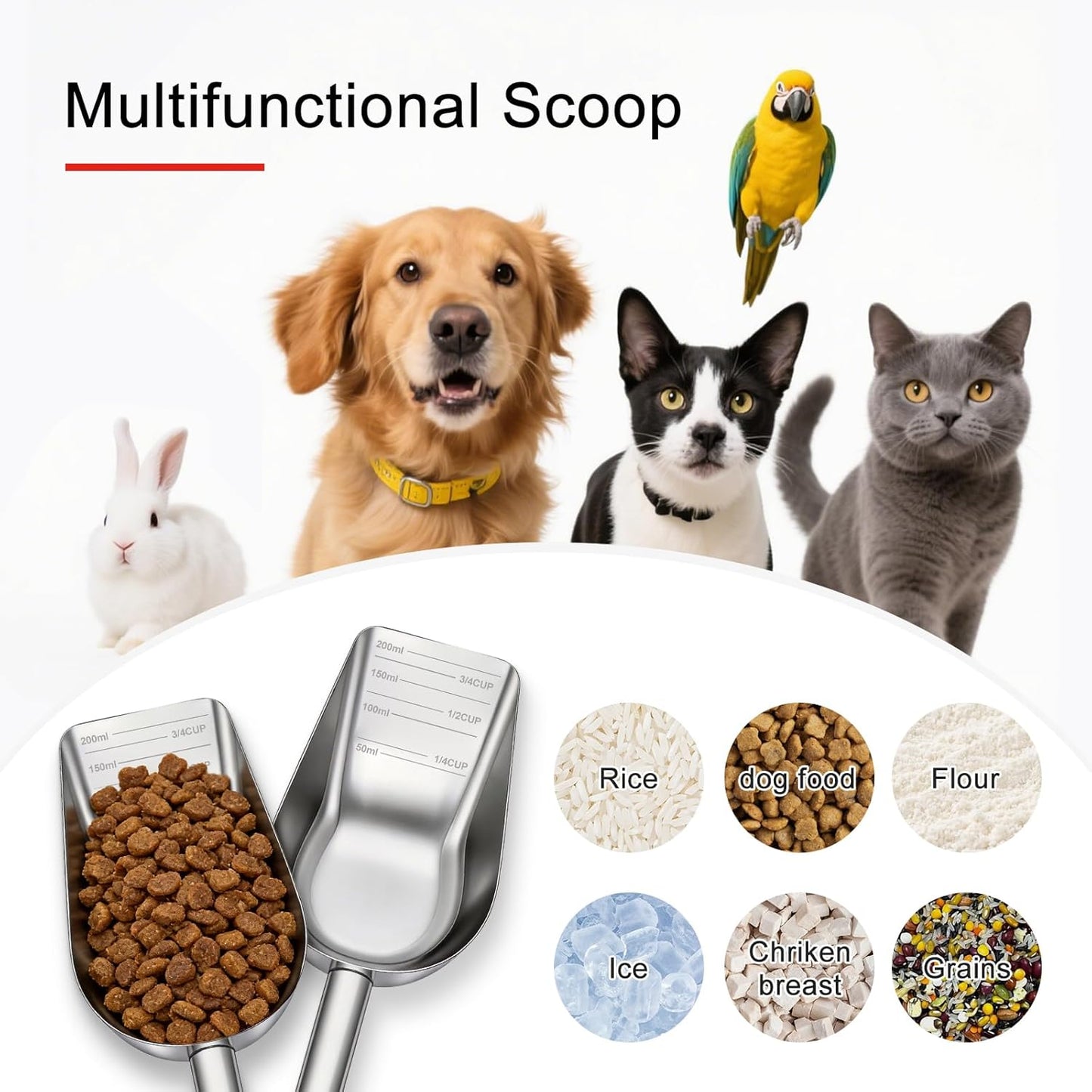 Dog Food Scoop 1 Cup, 304 Stainless Steel Pet Food Measuring Cup | Precise Scale, Long Handle Portion Control Scoop for Dogs & Cats