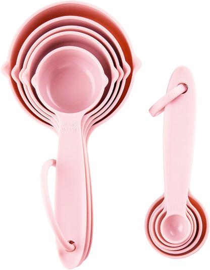 Plastic Measuring Cups and Spoons Set 10, Kids Measuring Cups and Spoons Set for Kitchen & Baking, Engraved US & Metric Plastic Measuring Cup & Spoons for Cooking Measure Use Pink