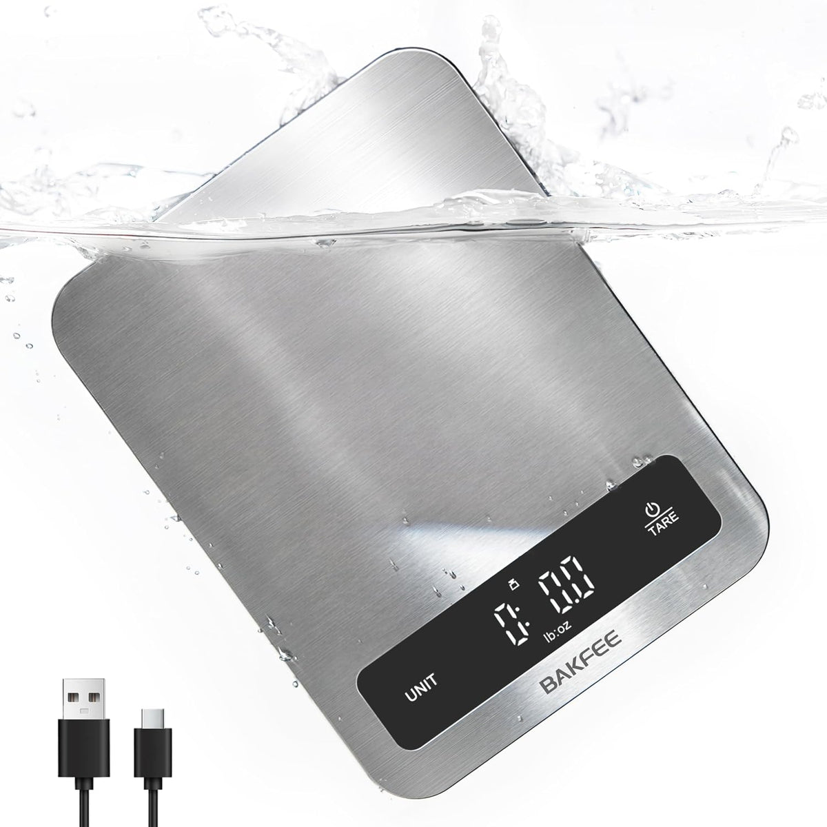 Waterproof Food Scale, 22lb Kitchen Scale, IP67, Rechargeable, Grey | 1g Precision, Premium Stainless Steel & Tempered Glass, Clear LED Display, 6 Units, Tare, for Cooking, Making Sourdough Bread