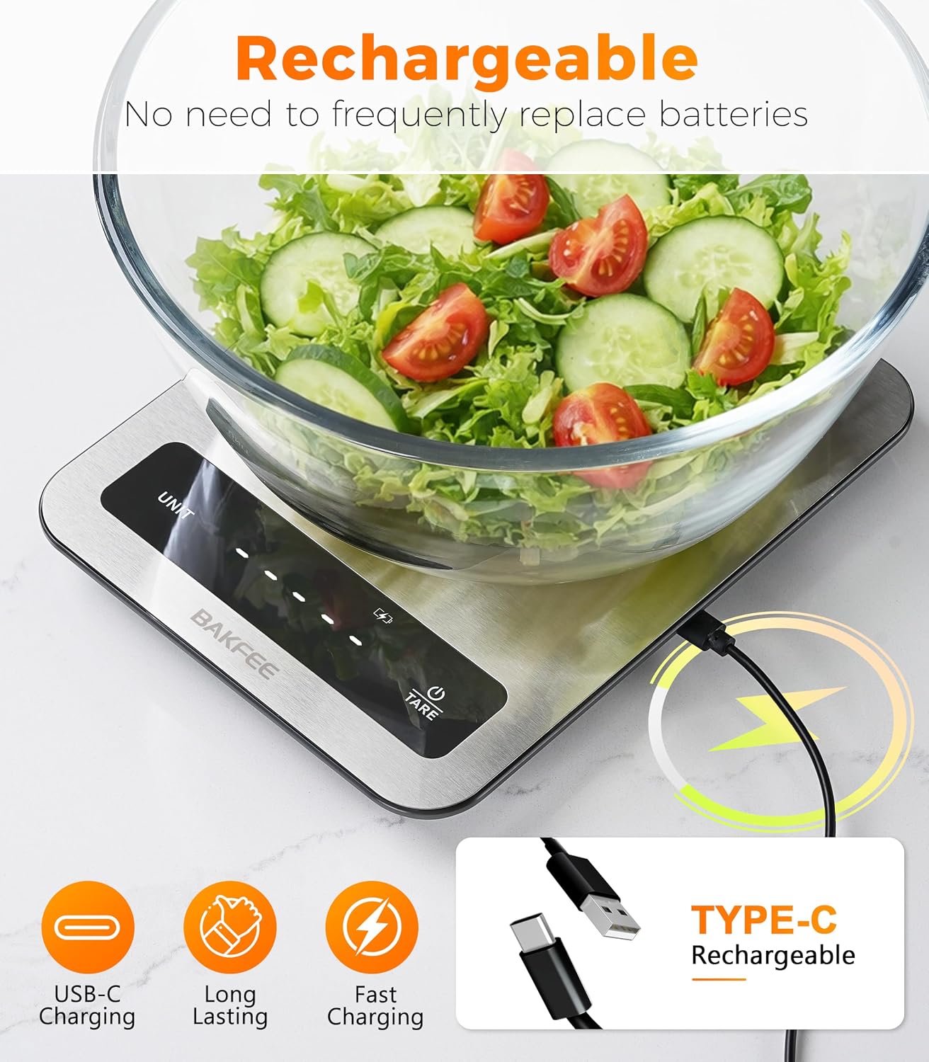 Waterproof Food Scale, 22lb Kitchen Scale, IP67, Rechargeable, Grey | 1g Precision, Premium Stainless Steel & Tempered Glass, Clear LED Display, 6 Units, Tare, for Cooking, Making Sourdough Bread