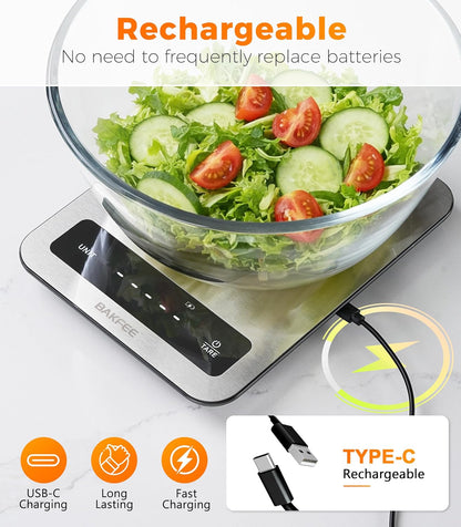 Waterproof Food Scale, 22lb Kitchen Scale, IP67, Rechargeable, Grey | 1g Precision, Premium Stainless Steel & Tempered Glass, Clear LED Display, 6 Units, Tare, for Cooking, Making Sourdough Bread