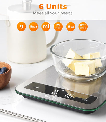 Waterproof Food Scale, 22lb Kitchen Scale, IP67, Rechargeable, Grey | 1g Precision, Premium Stainless Steel & Tempered Glass, Clear LED Display, 6 Units, Tare, for Cooking, Making Sourdough Bread