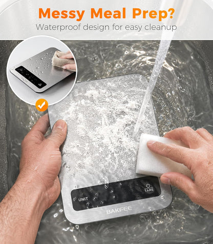 Waterproof Food Scale, 22lb Kitchen Scale, IP67, Rechargeable, Grey | 1g Precision, Premium Stainless Steel & Tempered Glass, Clear LED Display, 6 Units, Tare, for Cooking, Making Sourdough Bread