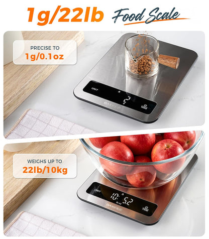 Waterproof Food Scale, 22lb Kitchen Scale, IP67, Rechargeable, Grey | 1g Precision, Premium Stainless Steel & Tempered Glass, Clear LED Display, 6 Units, Tare, for Cooking, Making Sourdough Bread