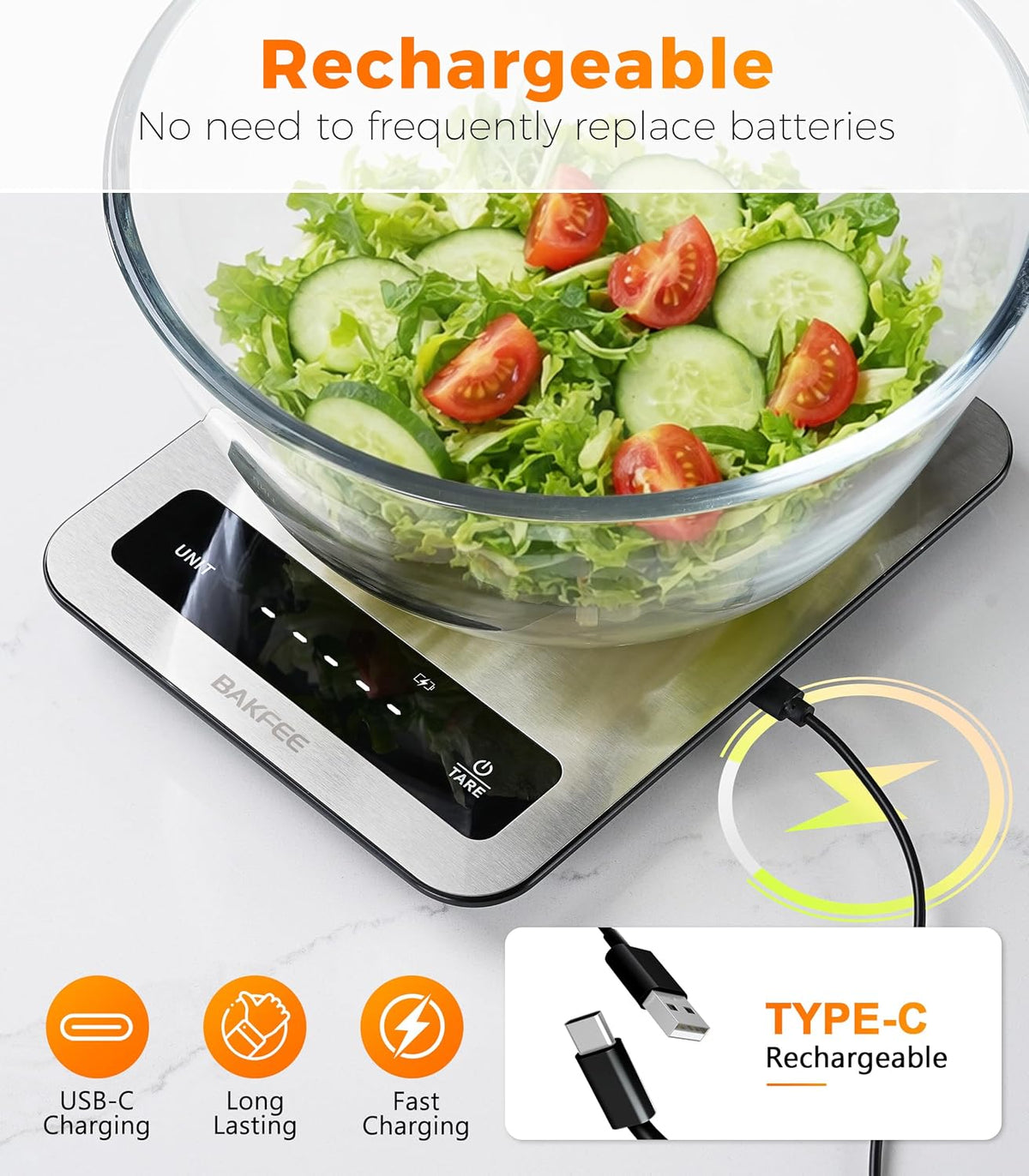 Waterproof Food Scale, 22lb Kitchen Scale, IP67, Rechargeable, Grey | 1g Precision, Premium Stainless Steel & Tempered Glass, Clear LED Display, 6 Units, Tare, for Cooking, Making Sourdough Bread