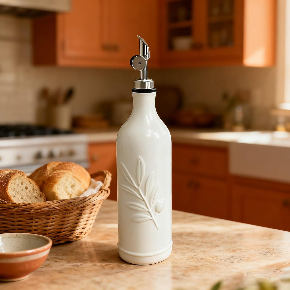 20 Oz Ceramic Olive Oil Dispenser Bottle, with Stainless Steel Spout & Funnel, Ideal for Oil, Vinegar, Coffee Syrup & Liquids (White)