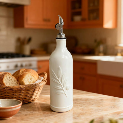 20 Oz Ceramic Olive Oil Dispenser Bottle, with Stainless Steel Spout & Funnel, Ideal for Oil, Vinegar, Coffee Syrup & Liquids (White)