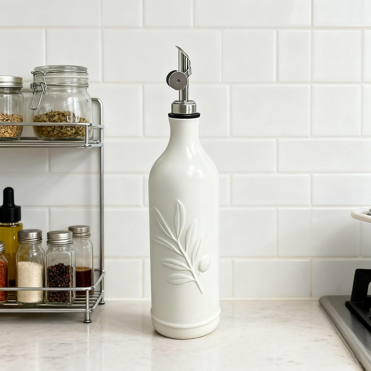 20 Oz Ceramic Olive Oil Dispenser Bottle, with Stainless Steel Spout & Funnel, Ideal for Oil, Vinegar, Coffee Syrup & Liquids (White)