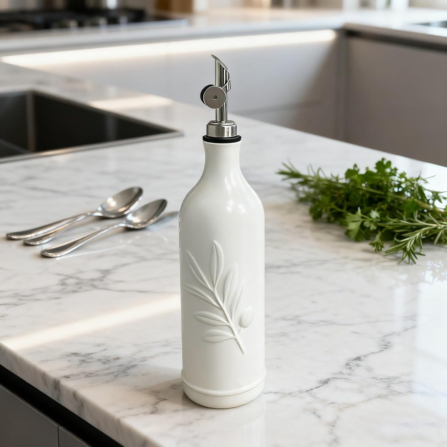 20 Oz Ceramic Olive Oil Dispenser Bottle, with Stainless Steel Spout & Funnel, Ideal for Oil, Vinegar, Coffee Syrup & Liquids (White)