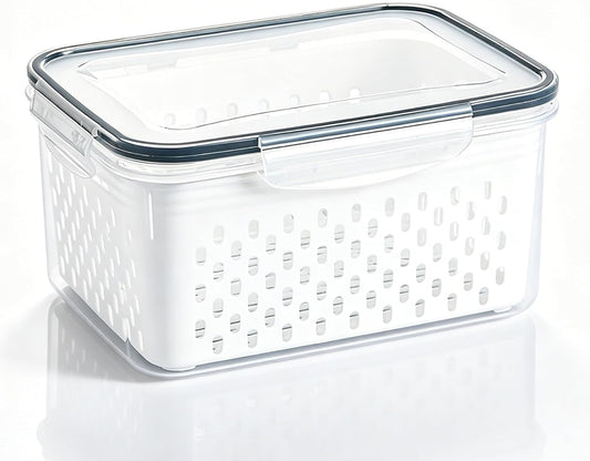 Drain Storage Basket, Fruit Storage Containers for Fridge with Removable Colander and Lid Produce Containers Keep Fruits Vegetables Meat Freshness (1750ML)