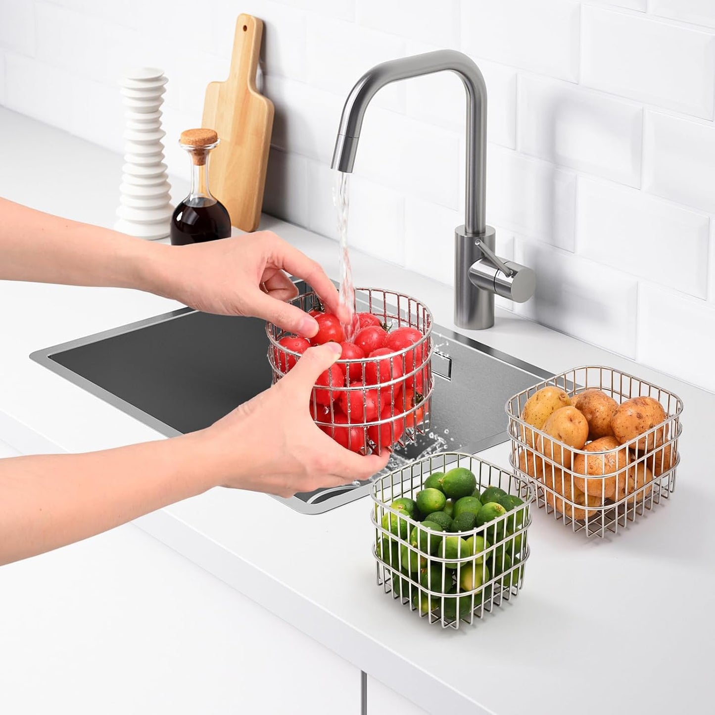 304SS Fruit Basket 1.5L Kitchen Storage Colander Produce Holder | 304 stainless steel, rust-resistant, breathable mesh, quick drainage, versatile countertop organizer, compact modern, durable